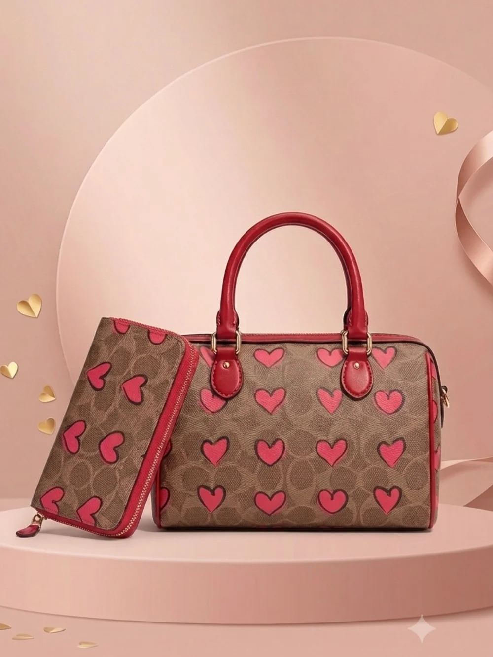 Heart-Print Brown and Pink Top-Handle Satchel